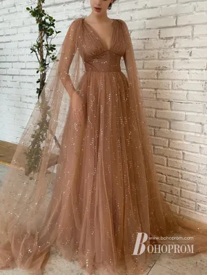 Dreamy Polka Dot Lace V-neckline Long Sleeves Sweep Train Prom Dresses PD671
