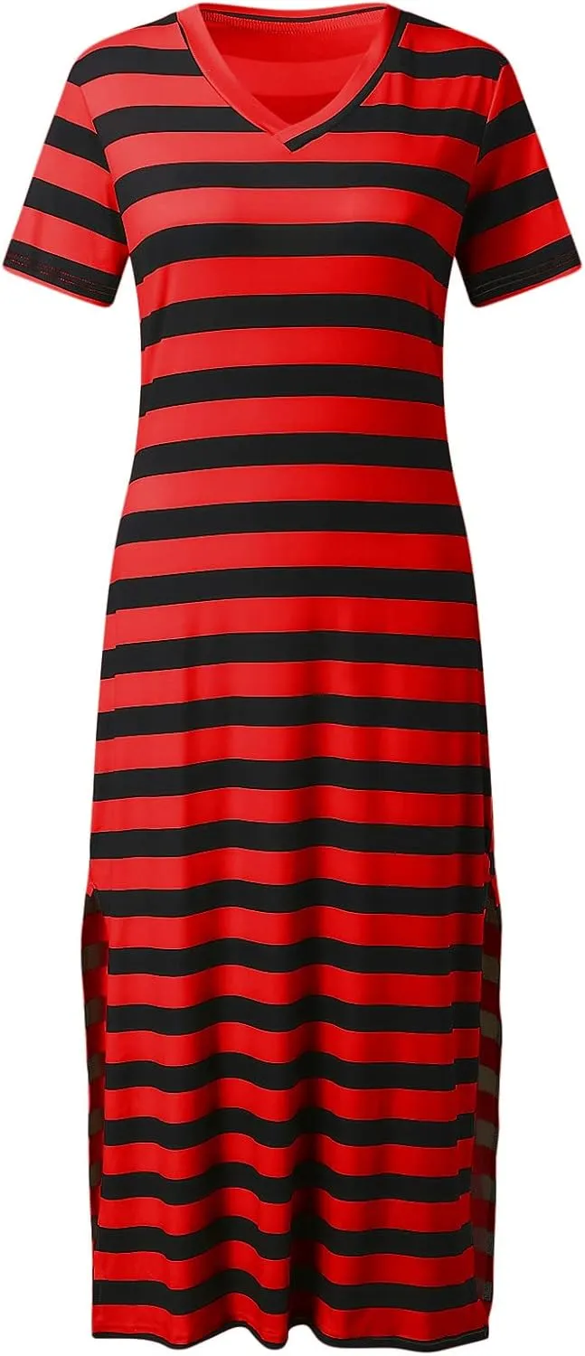 Dresses for Women 2024 Casual Color Block Striped Long Dress Loose V Neck Split Short Sleeve Maxi Dress Summer Dress