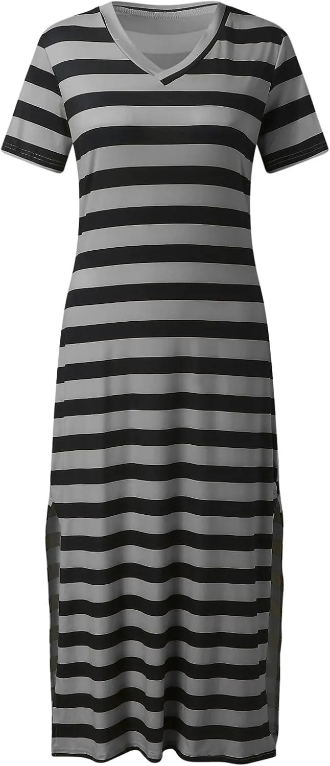 Dresses for Women 2024 Casual Color Block Striped Long Dress Loose V Neck Split Short Sleeve Maxi Dress Summer Dress