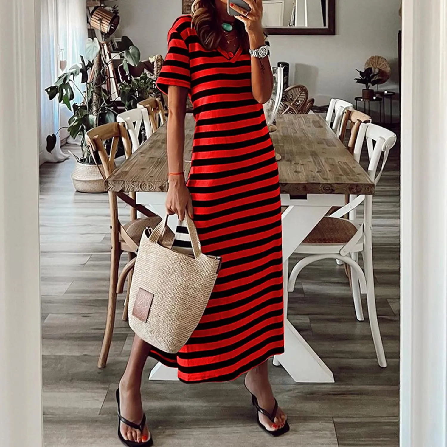 Dresses for Women 2024 Casual Color Block Striped Long Dress Loose V Neck Split Short Sleeve Maxi Dress Summer Dress
