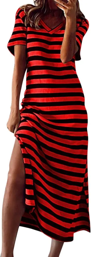 Dresses for Women 2024 Casual Color Block Striped Long Dress Loose V Neck Split Short Sleeve Maxi Dress Summer Dress