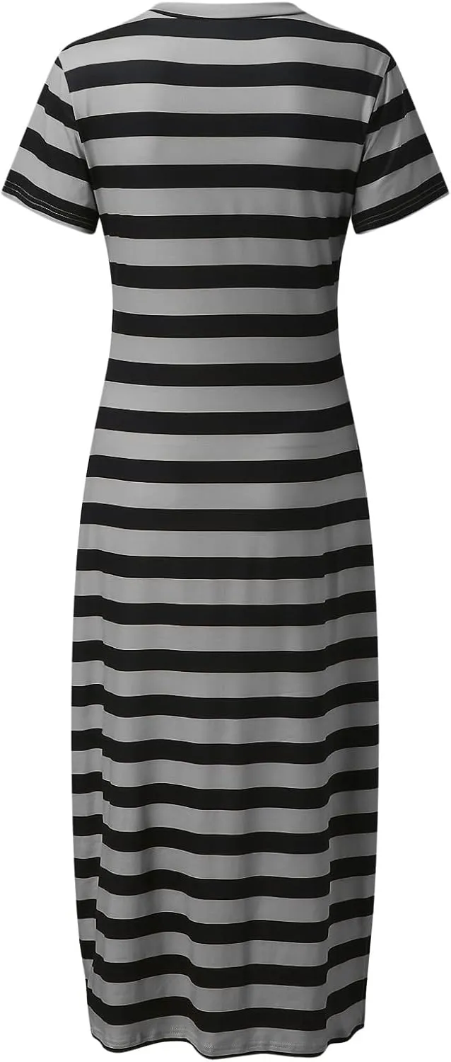 Dresses for Women 2024 Casual Color Block Striped Long Dress Loose V Neck Split Short Sleeve Maxi Dress Summer Dress
