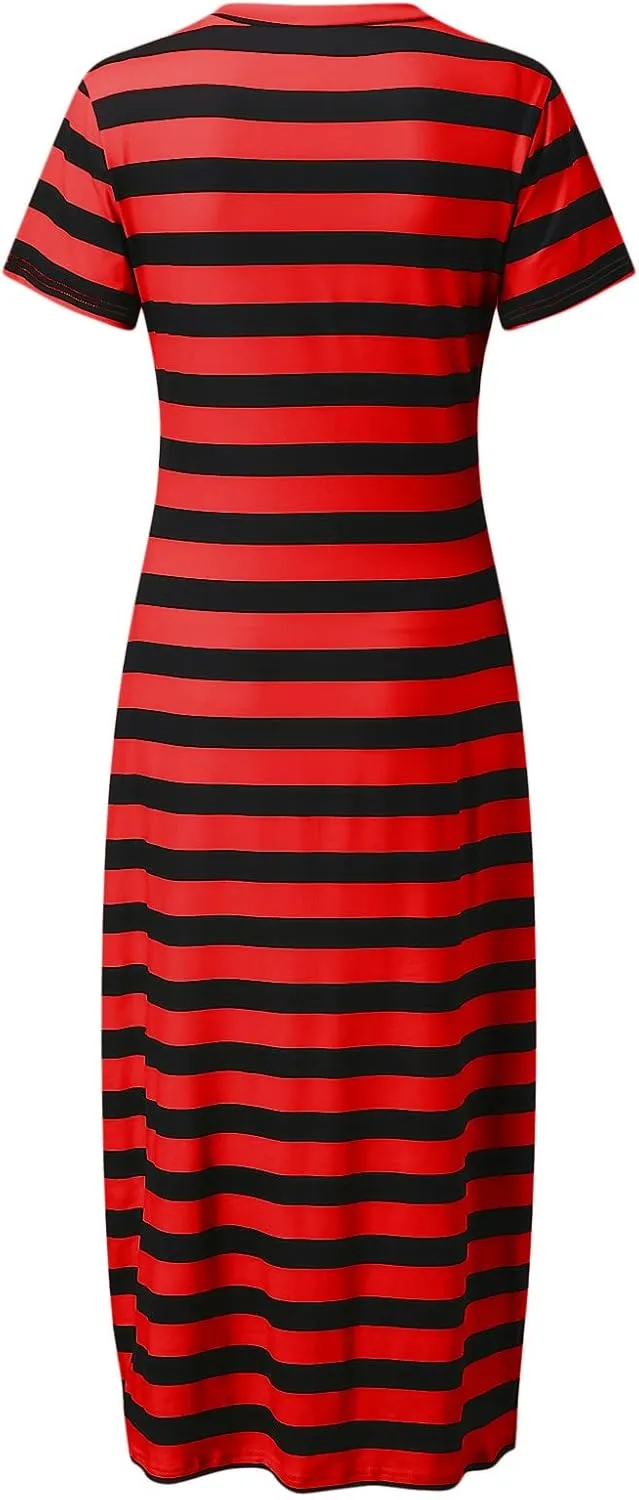 Dresses for Women 2024 Casual Color Block Striped Long Dress Loose V Neck Split Short Sleeve Maxi Dress Summer Dress