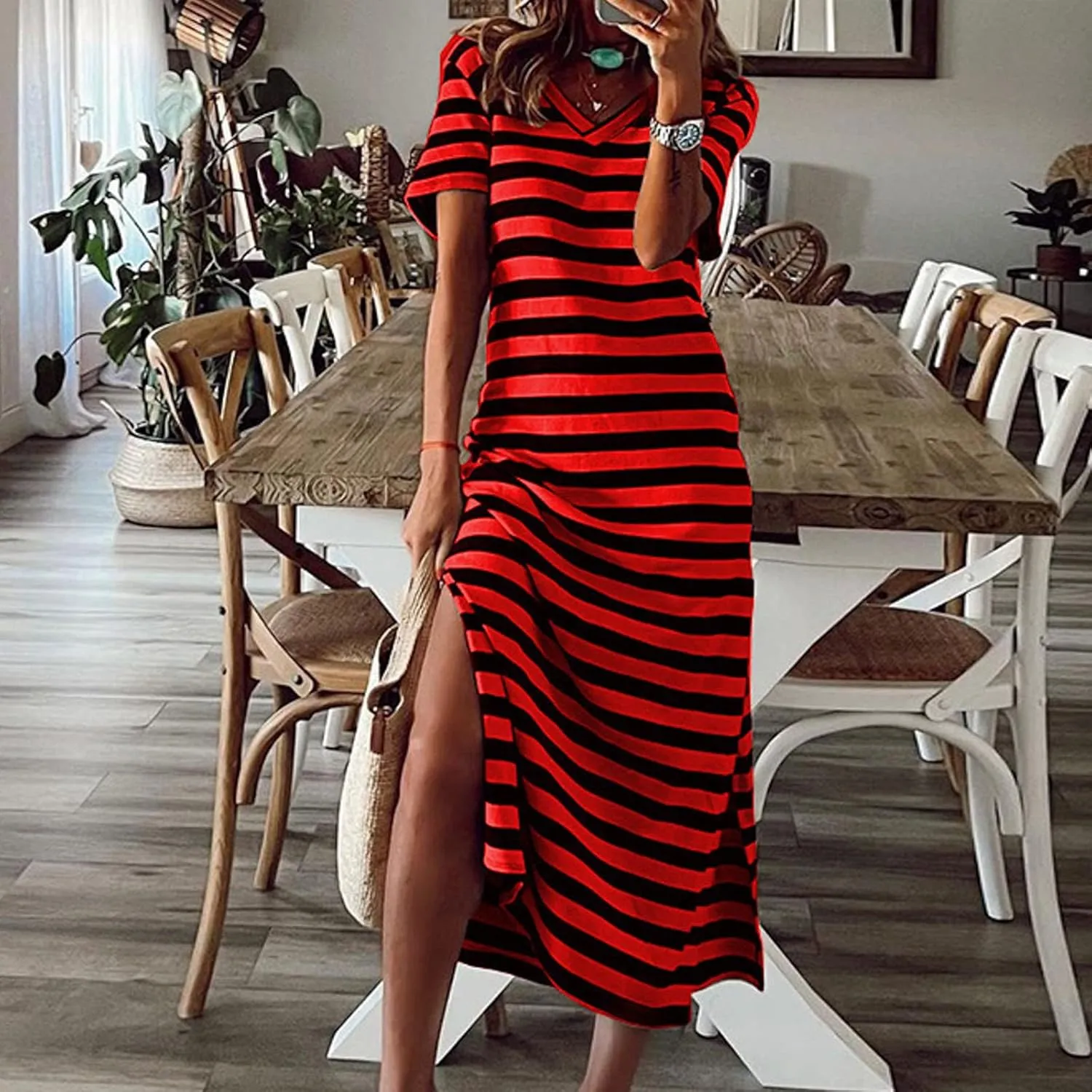 Dresses for Women 2024 Casual Color Block Striped Long Dress Loose V Neck Split Short Sleeve Maxi Dress Summer Dress