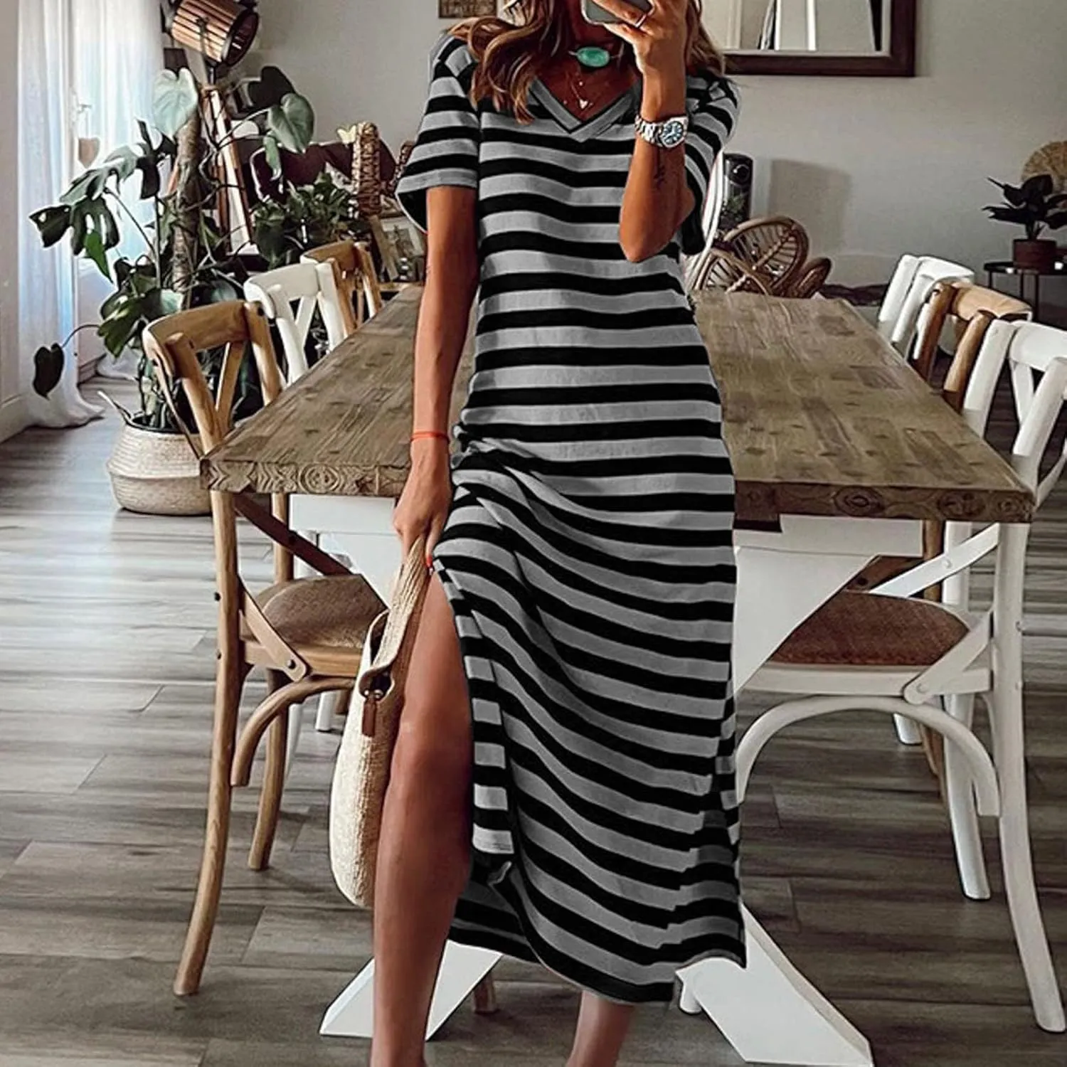Dresses for Women 2024 Casual Color Block Striped Long Dress Loose V Neck Split Short Sleeve Maxi Dress Summer Dress