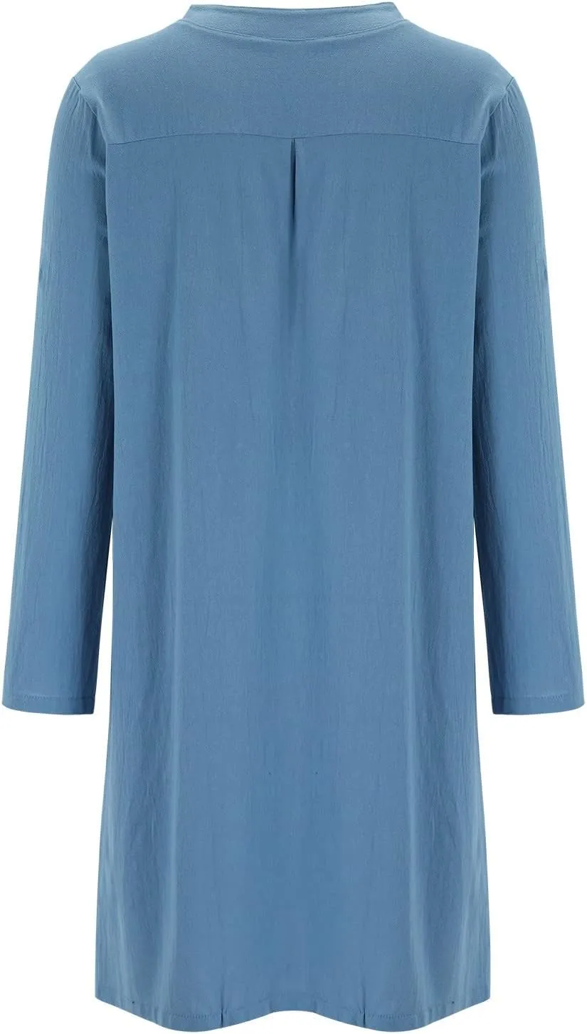 Dresses for Women 2024 Casual Cotton Linen Midi Dress with Pockets Crew Neck Button Down Long Sleeve Summer Dress