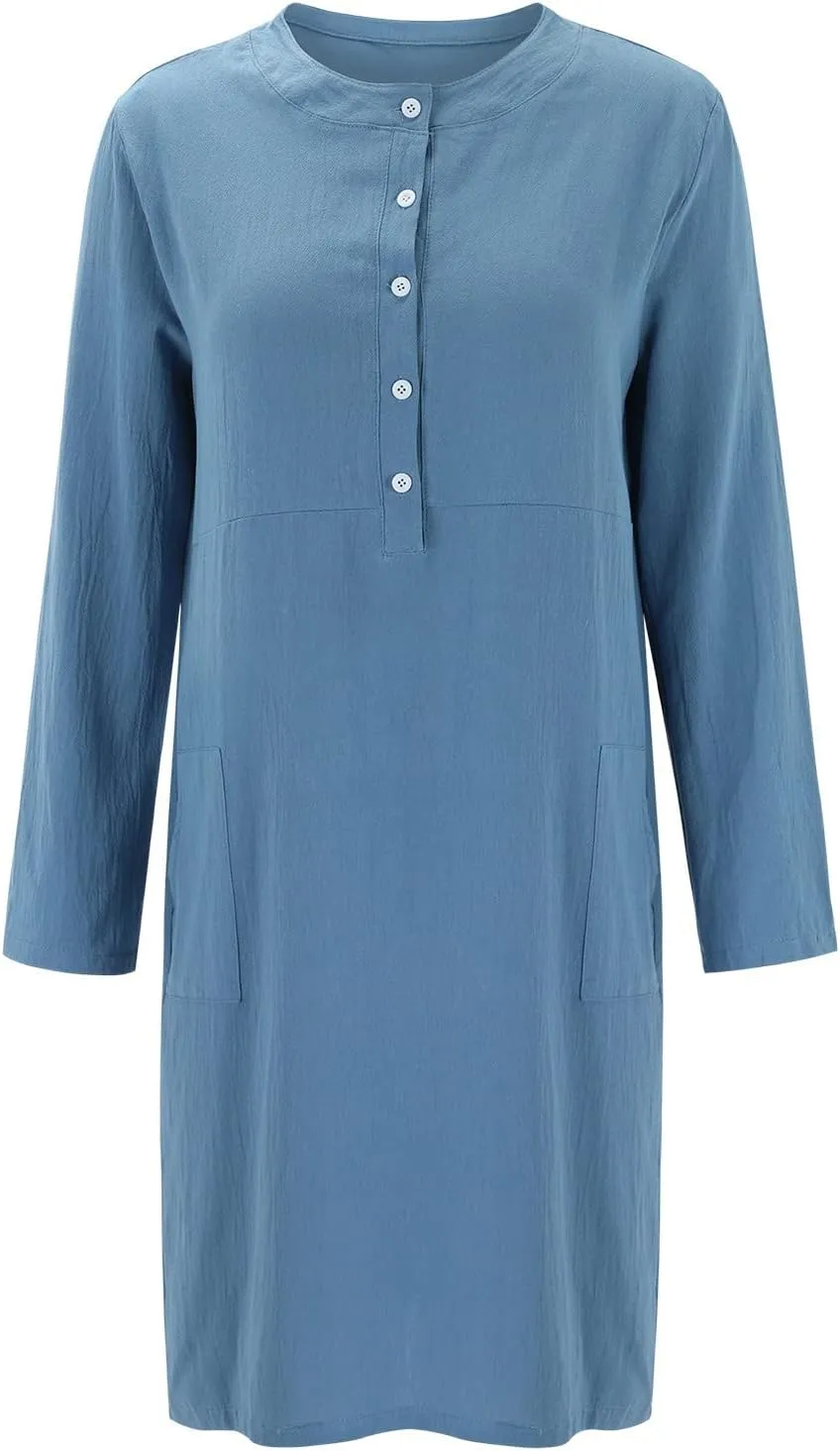 Dresses for Women 2024 Casual Cotton Linen Midi Dress with Pockets Crew Neck Button Down Long Sleeve Summer Dress