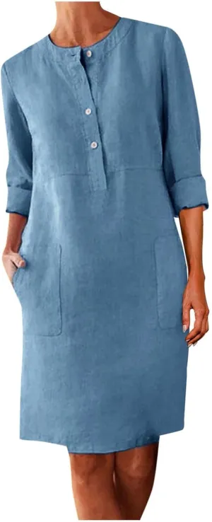 Dresses for Women 2024 Casual Cotton Linen Midi Dress with Pockets Crew Neck Button Down Long Sleeve Summer Dress