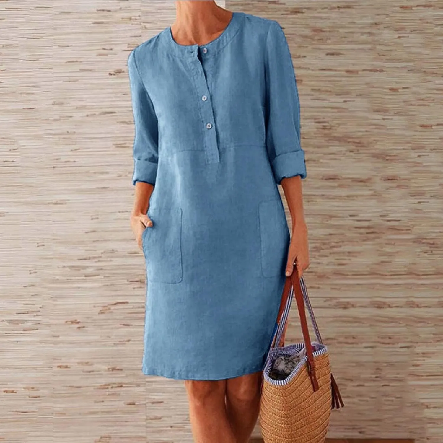 Dresses for Women 2024 Casual Cotton Linen Midi Dress with Pockets Crew Neck Button Down Long Sleeve Summer Dress