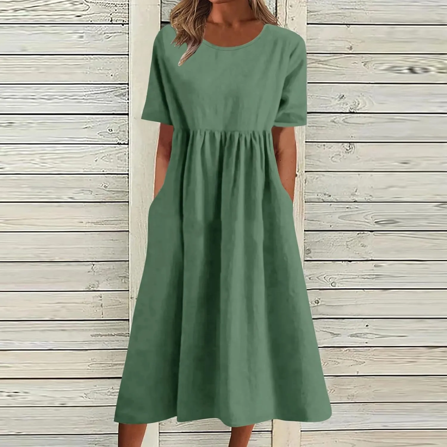 Dresses for Women 2024 Casual Solid Crewneck Short Sleeve Midi Dress Ruched Empire Waist Maxi Dress Summer Dresses