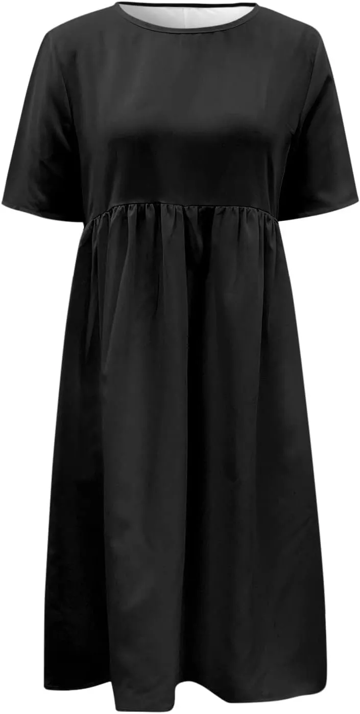 Dresses for Women 2024 Casual Solid Crewneck Short Sleeve Midi Dress Ruched Empire Waist Maxi Dress Summer Dresses