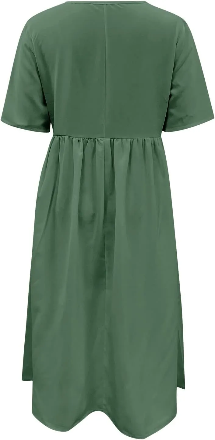 Dresses for Women 2024 Casual Solid Crewneck Short Sleeve Midi Dress Ruched Empire Waist Maxi Dress Summer Dresses