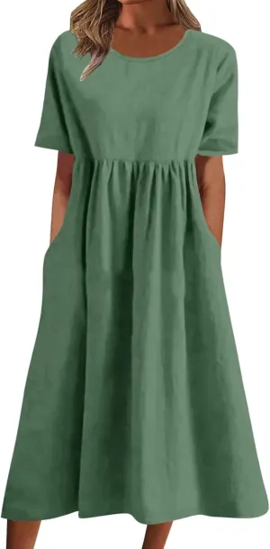 Dresses for Women 2024 Casual Solid Crewneck Short Sleeve Midi Dress Ruched Empire Waist Maxi Dress Summer Dresses