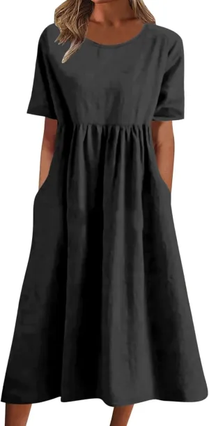 Dresses for Women 2024 Casual Solid Crewneck Short Sleeve Midi Dress Ruched Empire Waist Maxi Dress Summer Dresses