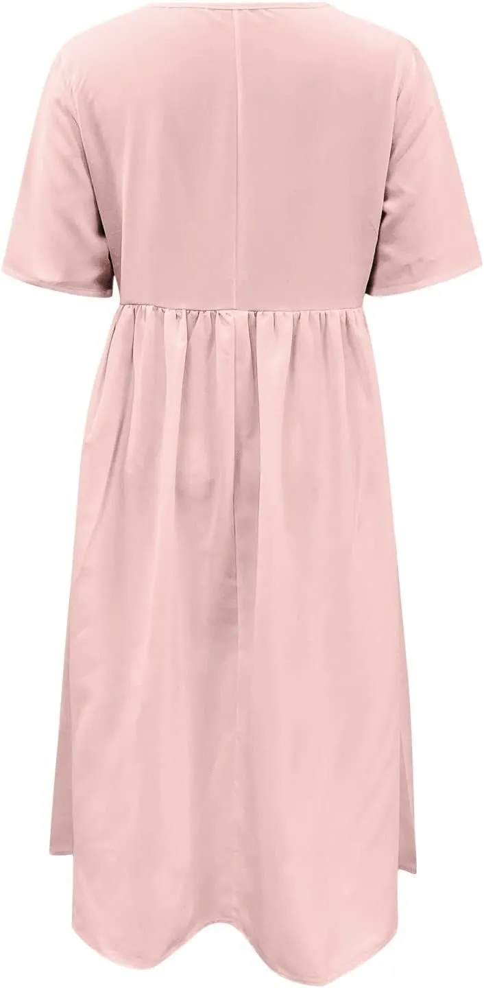 Dresses for Women 2024 Casual Solid Crewneck Short Sleeve Midi Dress Ruched Empire Waist Maxi Dress Summer Dresses