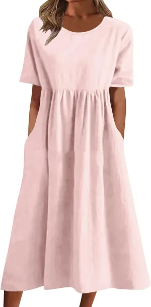 Dresses for Women 2024 Casual Solid Crewneck Short Sleeve Midi Dress Ruched Empire Waist Maxi Dress Summer Dresses