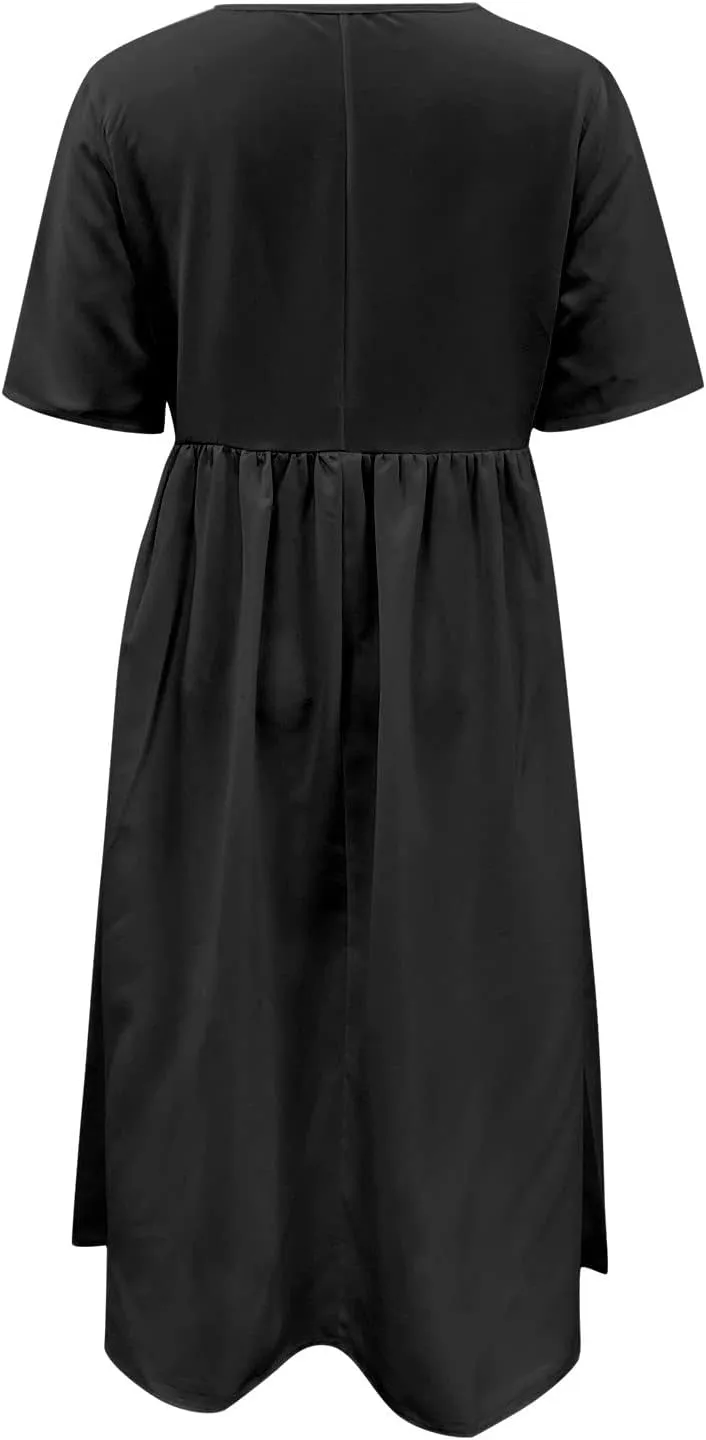 Dresses for Women 2024 Casual Solid Crewneck Short Sleeve Midi Dress Ruched Empire Waist Maxi Dress Summer Dresses
