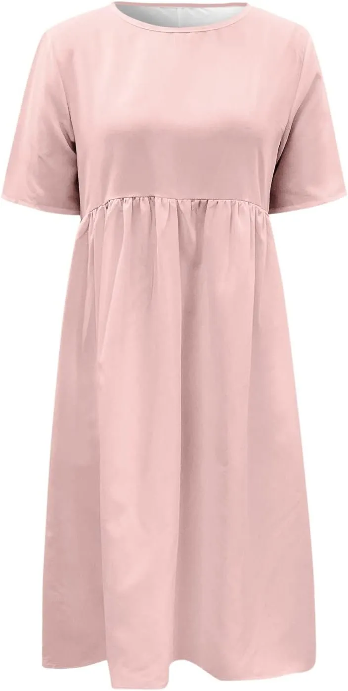 Dresses for Women 2024 Casual Solid Crewneck Short Sleeve Midi Dress Ruched Empire Waist Maxi Dress Summer Dresses
