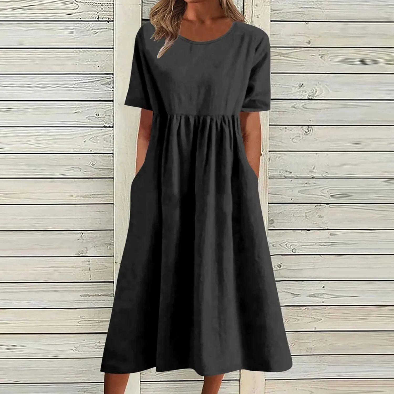 Dresses for Women 2024 Casual Solid Crewneck Short Sleeve Midi Dress Ruched Empire Waist Maxi Dress Summer Dresses
