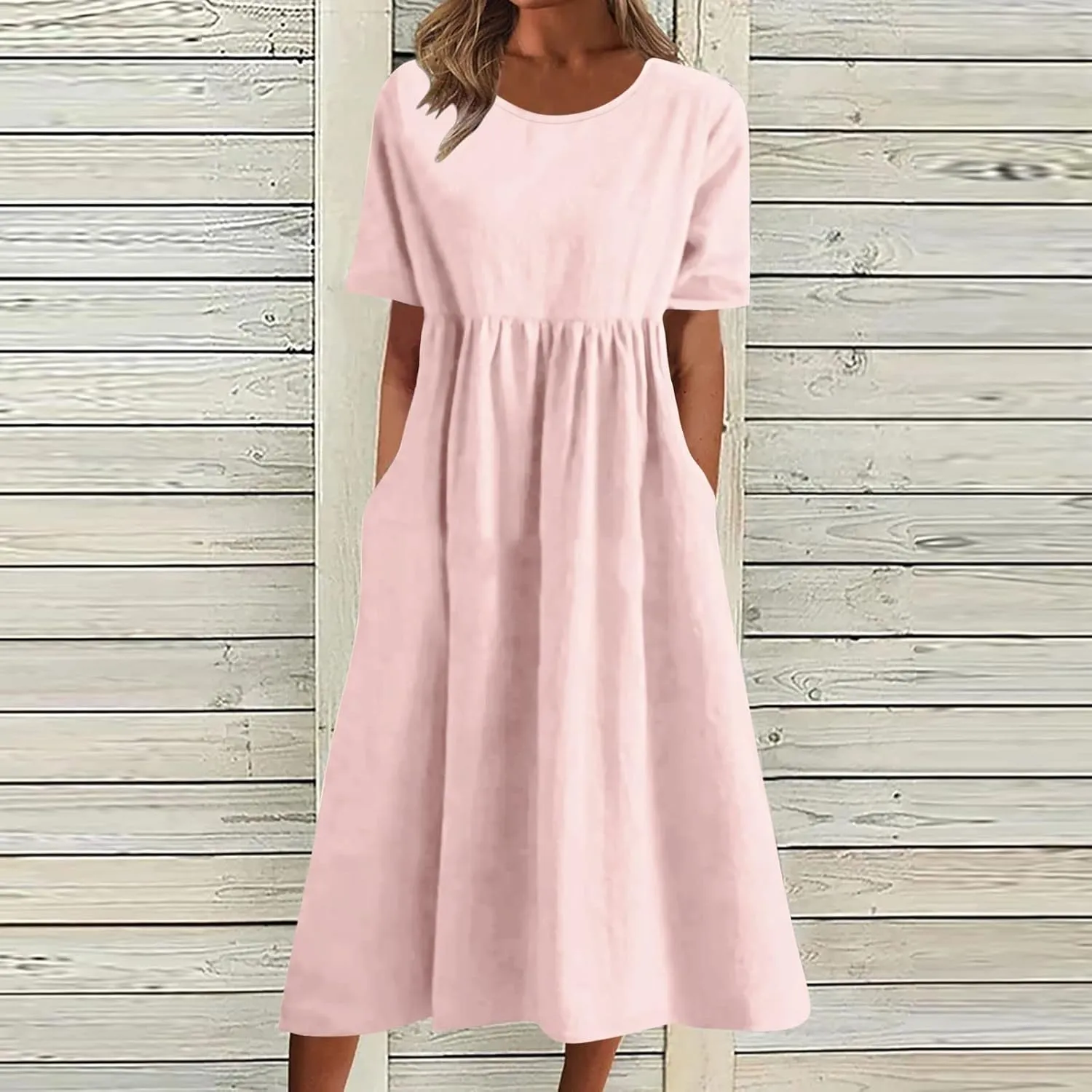Dresses for Women 2024 Casual Solid Crewneck Short Sleeve Midi Dress Ruched Empire Waist Maxi Dress Summer Dresses