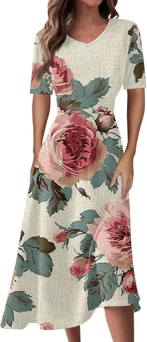 Dresses for Women Casual Floral Printed Oversize Maxi Dress Casual V Neck Short Sleeve Comfy Swing Sundress