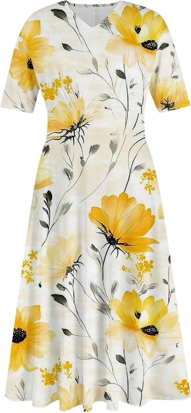 Dresses for Women Casual Floral Printed Oversize Maxi Dress Casual V Neck Short Sleeve Comfy Swing Sundress