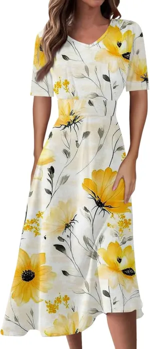 Dresses for Women Casual Floral Printed Oversize Maxi Dress Casual V Neck Short Sleeve Comfy Swing Sundress