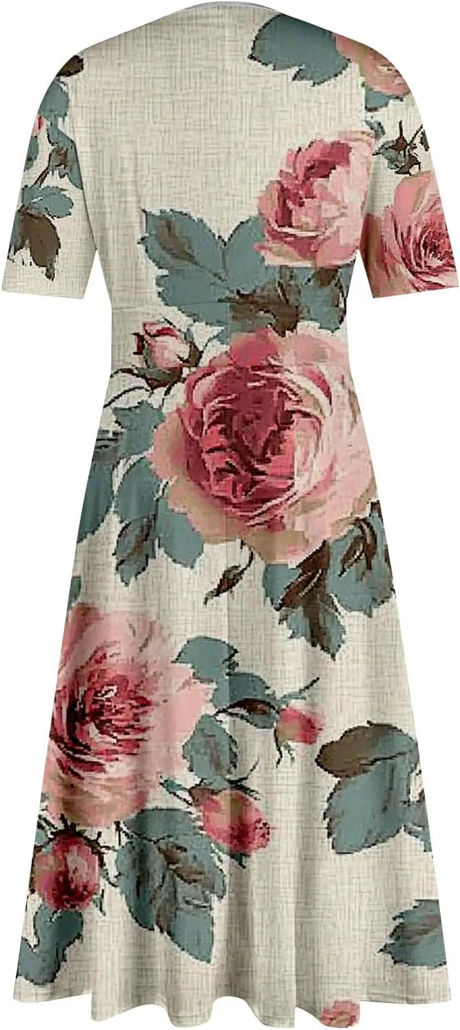 Dresses for Women Casual Floral Printed Oversize Maxi Dress Casual V Neck Short Sleeve Comfy Swing Sundress