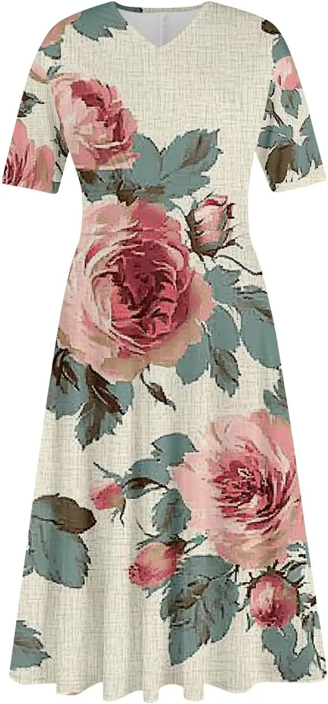 Dresses for Women Casual Floral Printed Oversize Maxi Dress Casual V Neck Short Sleeve Comfy Swing Sundress