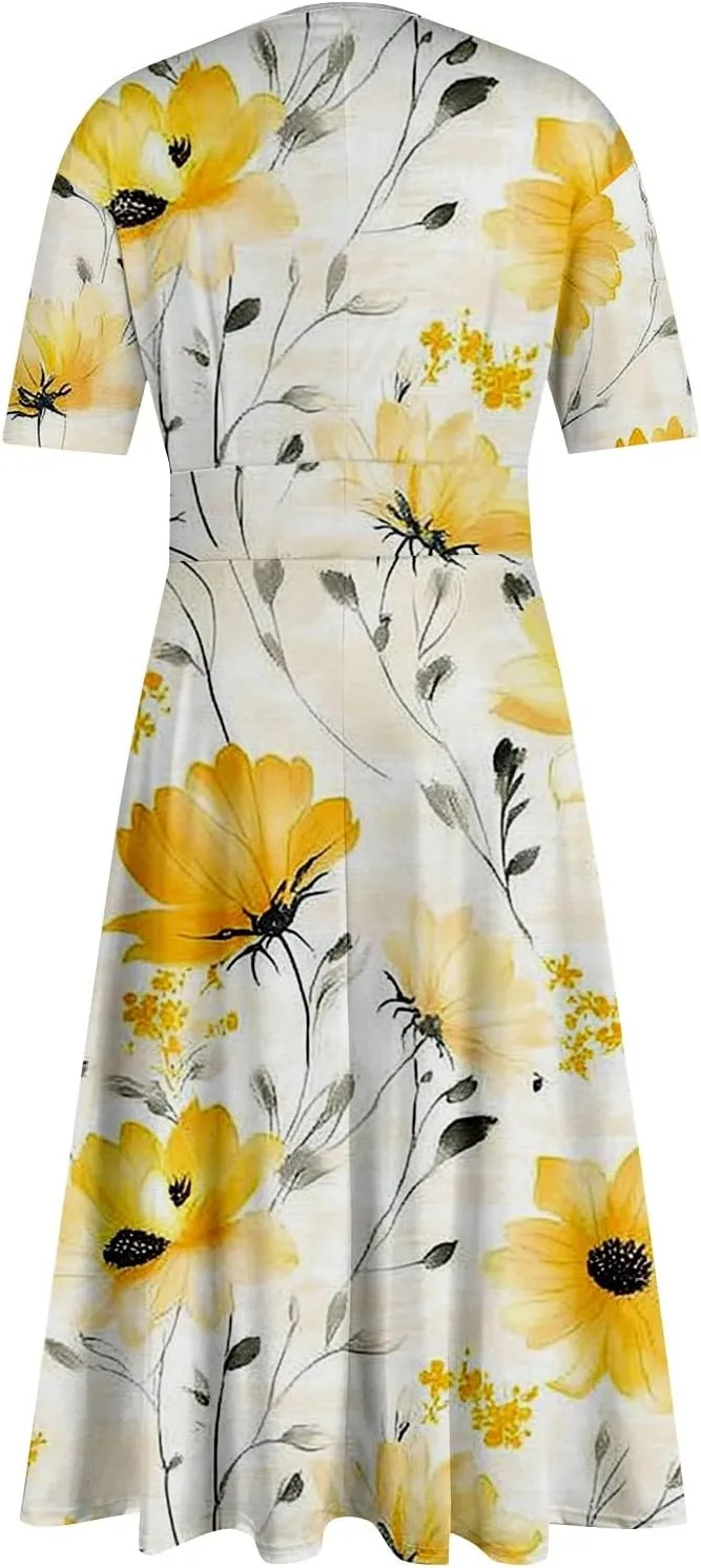 Dresses for Women Casual Floral Printed Oversize Maxi Dress Casual V Neck Short Sleeve Comfy Swing Sundress