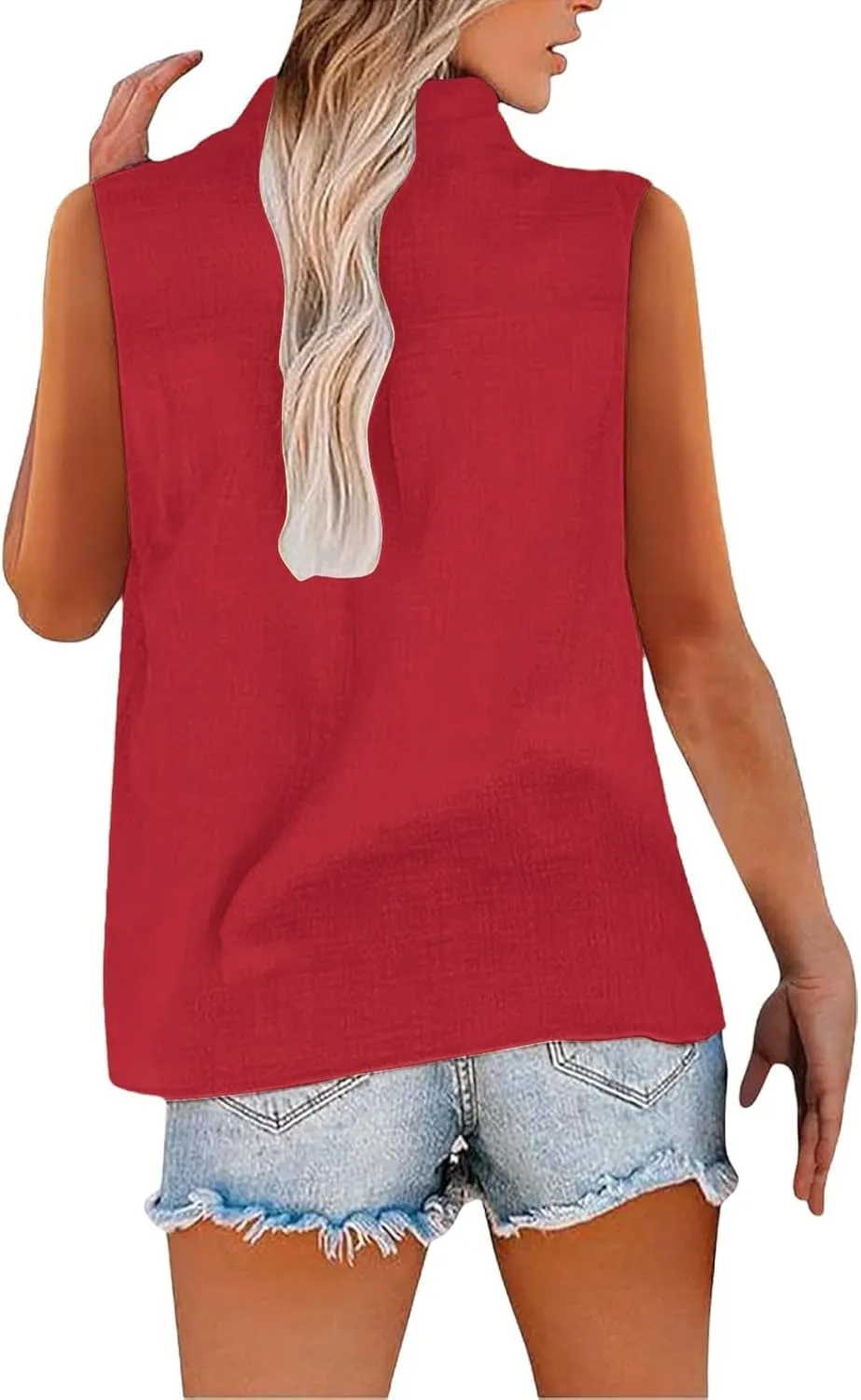 Dressy Tank Tops for Women Cotton Linen Sleeveless Button Down Shirts Trendy V Neck Blouses with Side Slit