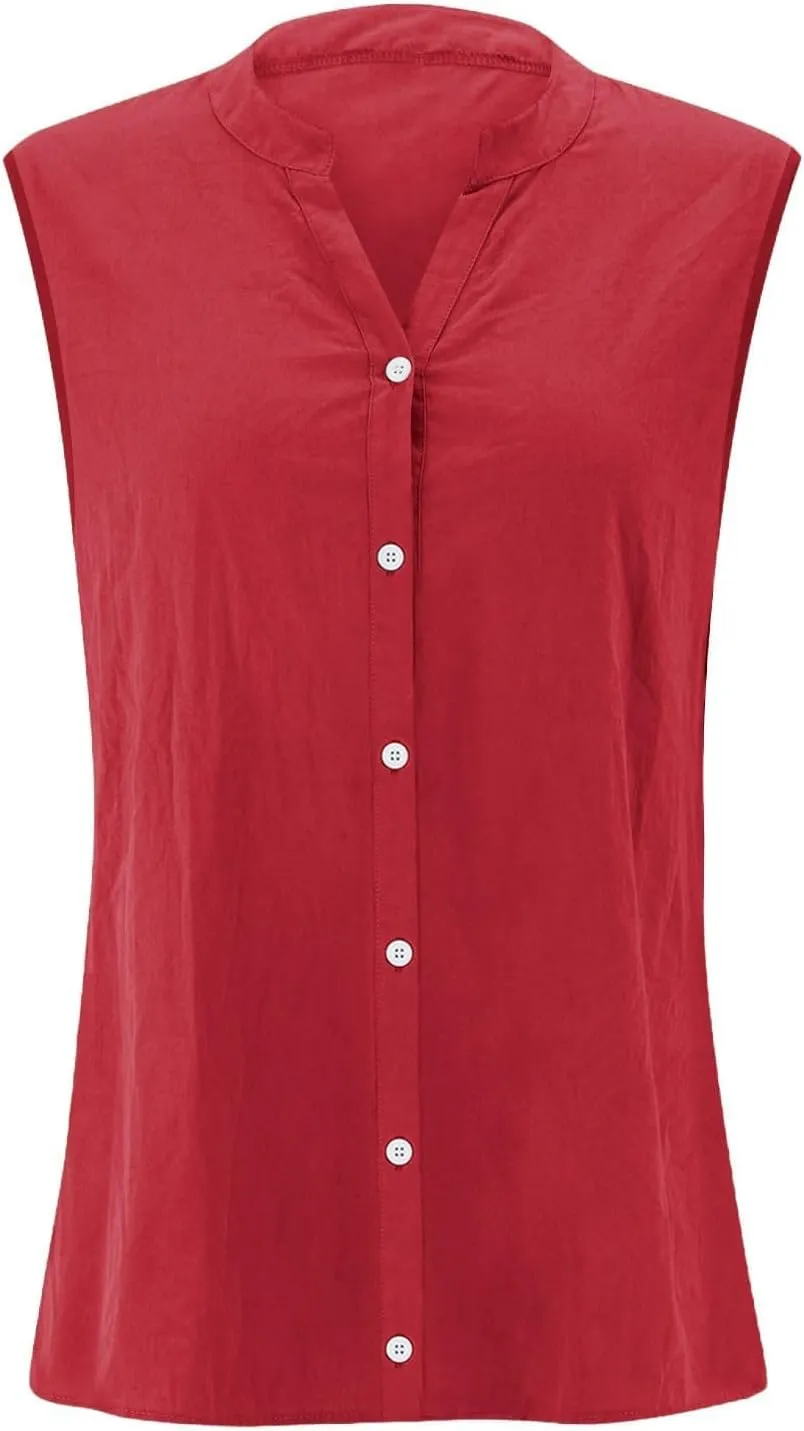Dressy Tank Tops for Women Cotton Linen Sleeveless Button Down Shirts Trendy V Neck Blouses with Side Slit
