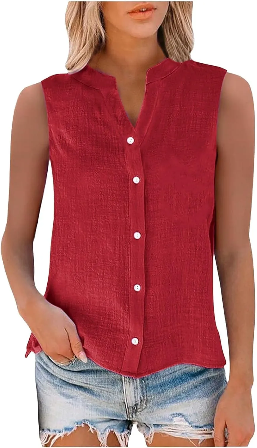 Dressy Tank Tops for Women Cotton Linen Sleeveless Button Down Shirts Trendy V Neck Blouses with Side Slit