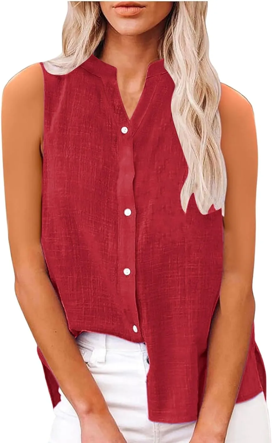 Dressy Tank Tops for Women Cotton Linen Sleeveless Button Down Shirts Trendy V Neck Blouses with Side Slit