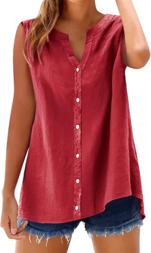 Dressy Tank Tops for Women Cotton Linen Sleeveless Button Down Shirts Trendy V Neck Blouses with Side Slit