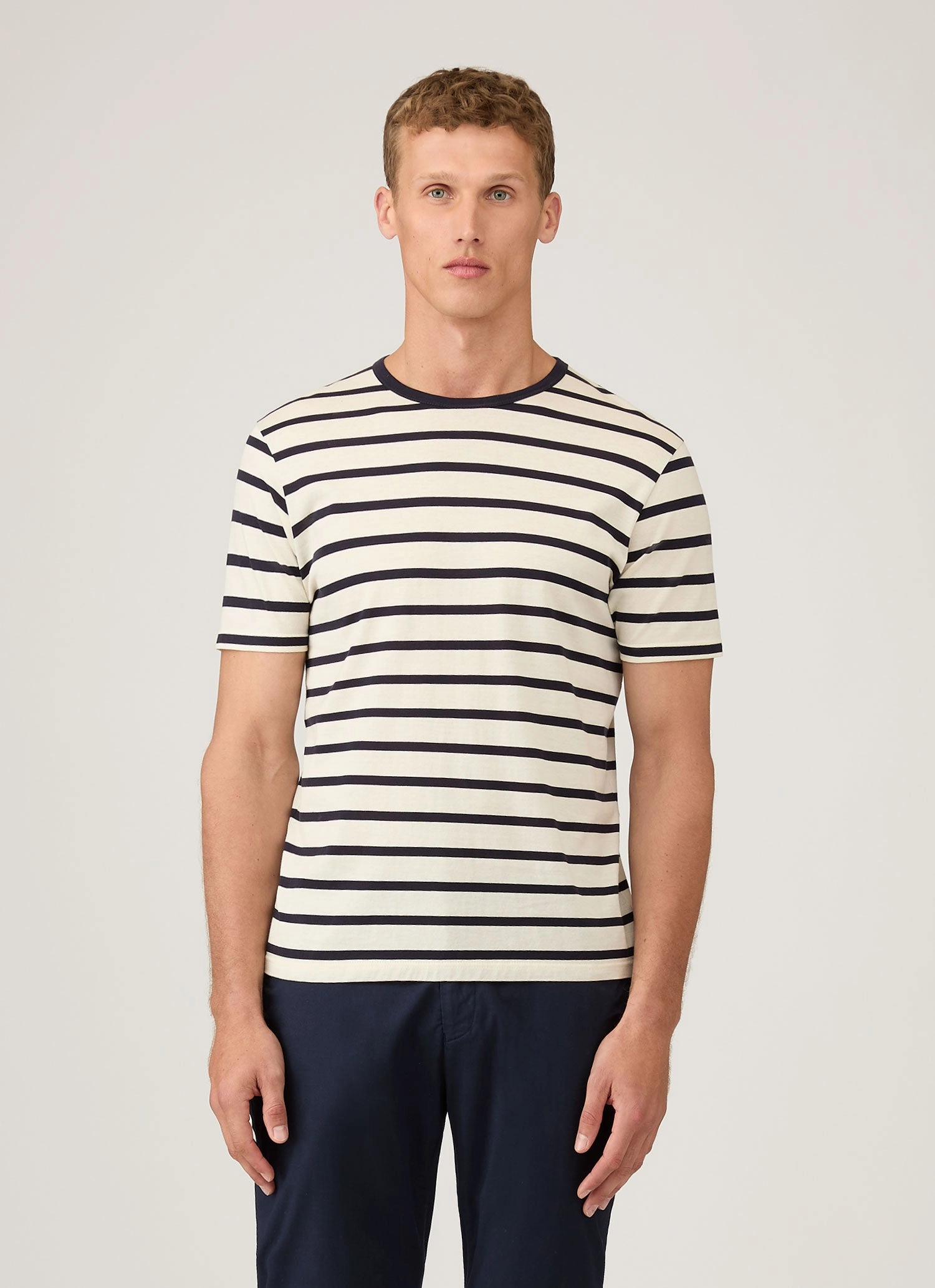 Day-to-Day Comfort Ribbed Neckline Men's Classic T-shirt in Ecru/Navy Breton Stripe