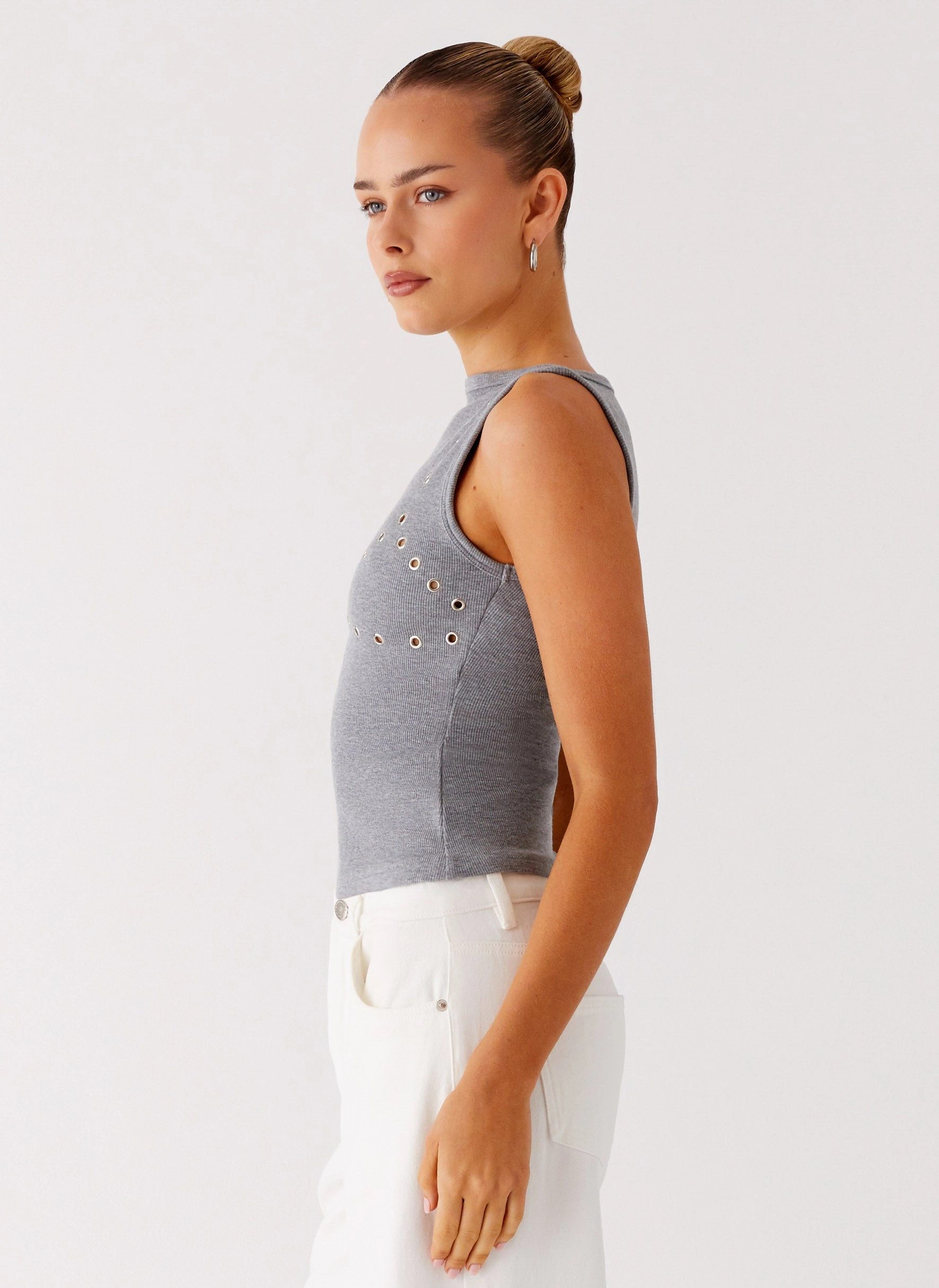 Drop Top Ribbed Eyelet Tank Top - Marle Grey BoxyCrop