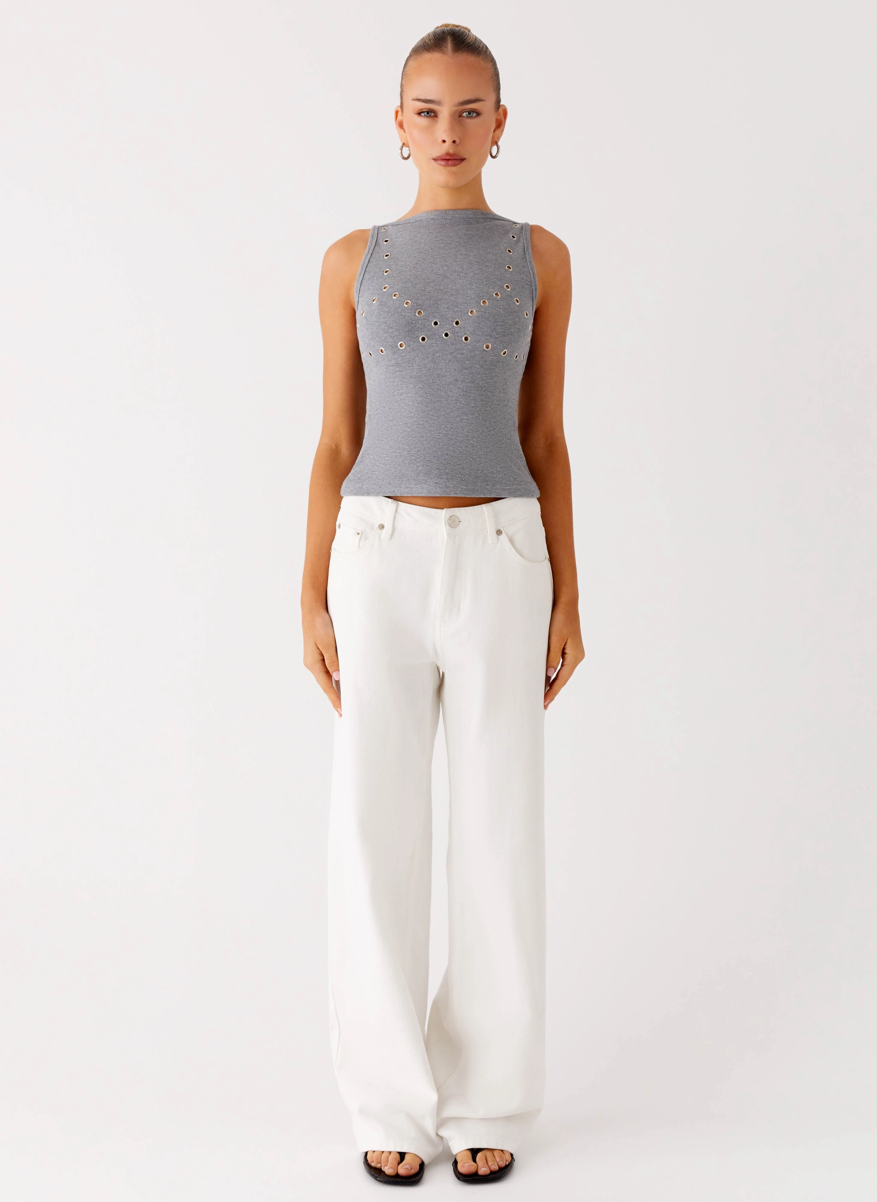 PreShrunk Fabric Breathable mesh lining Drop Top Ribbed Eyelet Tank Top - Marle Grey