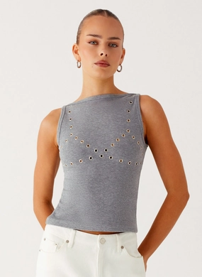 Drop Top Ribbed Eyelet Tank Top - Marle Grey Smooth Interior Lining Drop Top Ribbed Eyelet Tank Top - Marle Grey Soft Brushed Finish Reflective details