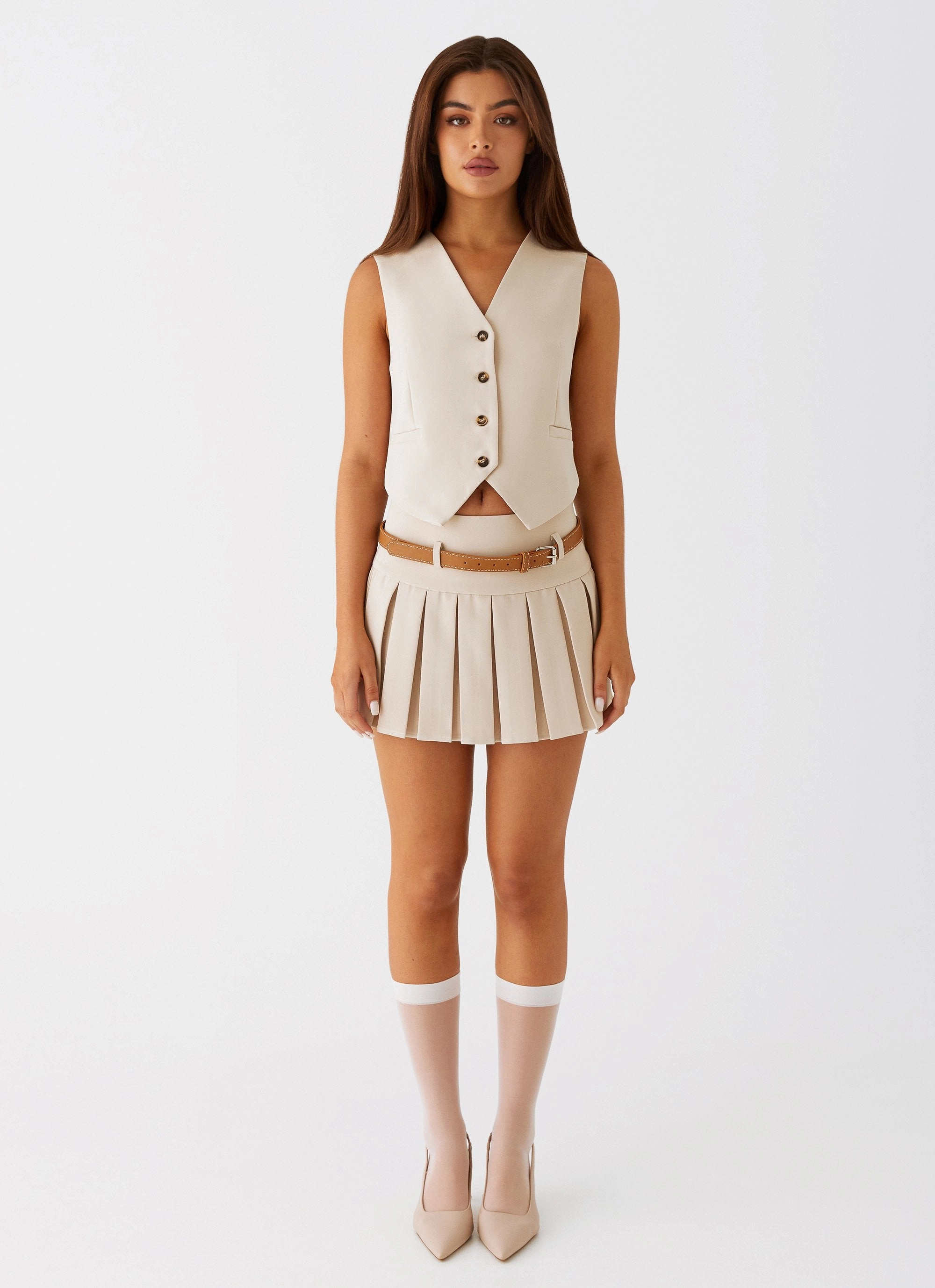 Four Way Stretch Sporty Layers Stealth Mode Mini Skirt - Beige