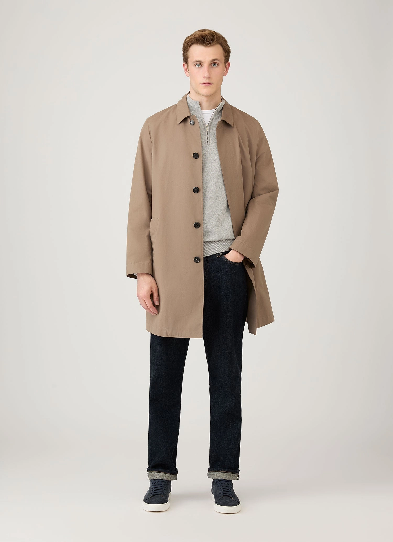 Brushed Inner Layer Men's Cashmere Zip Neck Jumper in Grey Melange