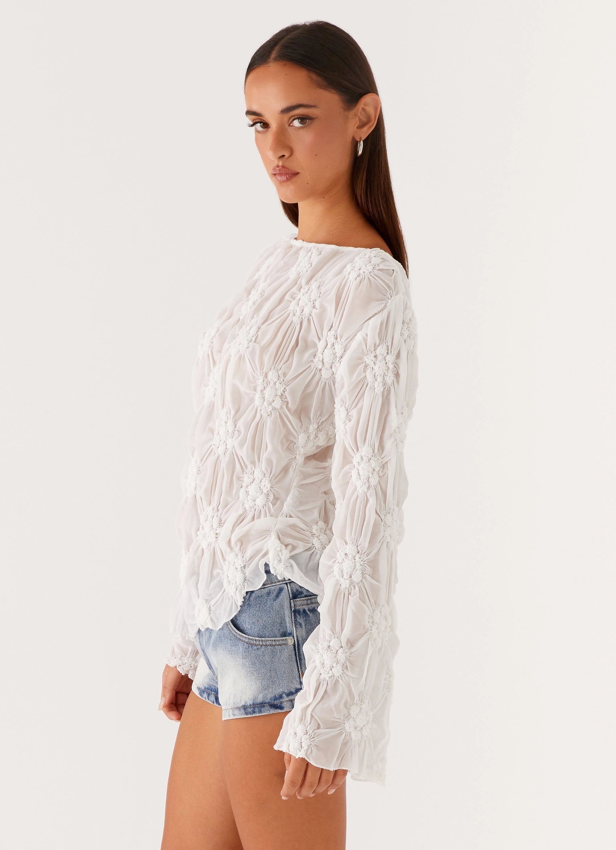 Mia Long Sleeve Top - Ivory Contrast Stitching Contrast Stitch Detailing