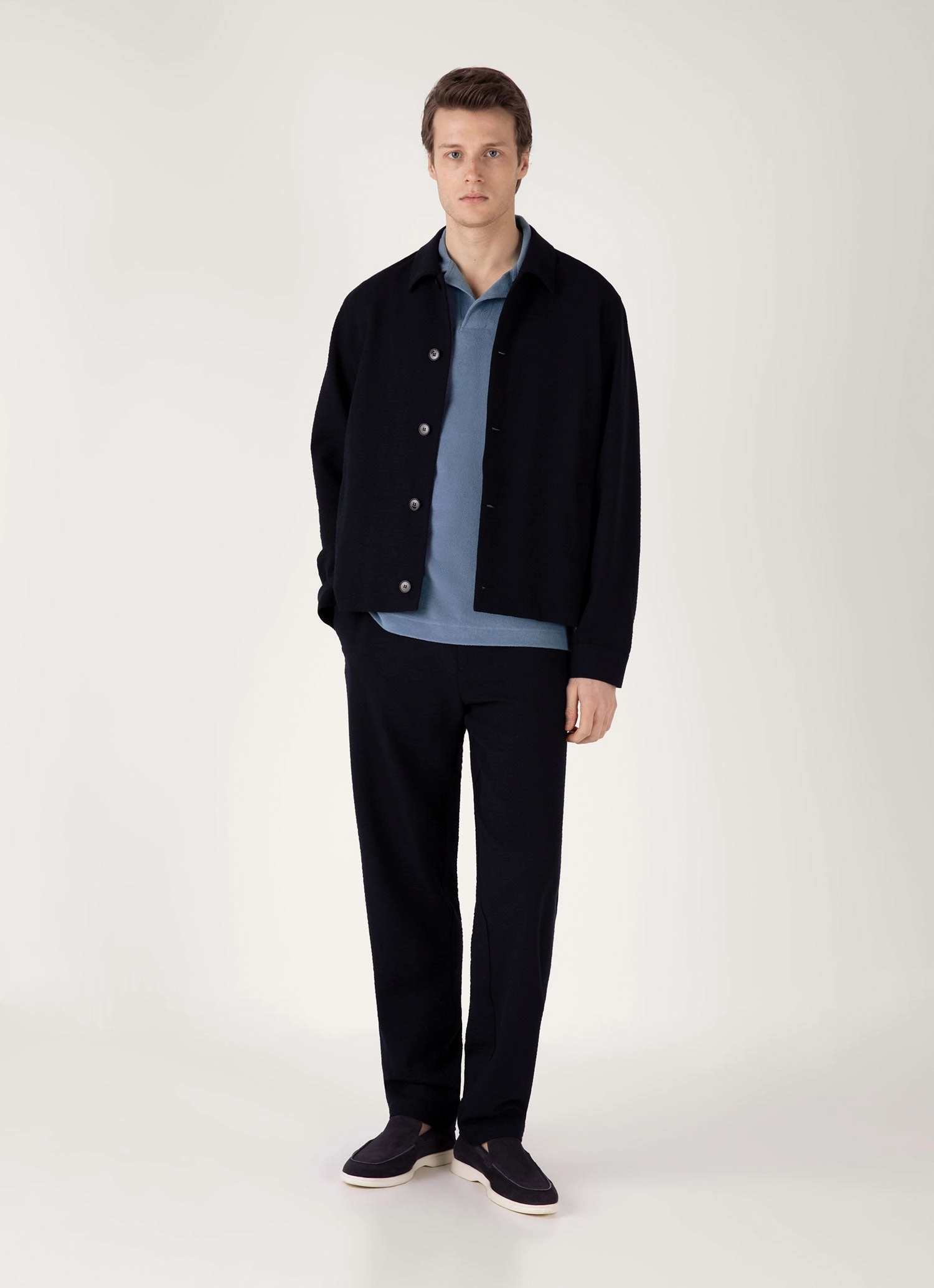 Men's Towelling Polo Shirt in Vintage Blue Summer Golf DoubleStitched Seams