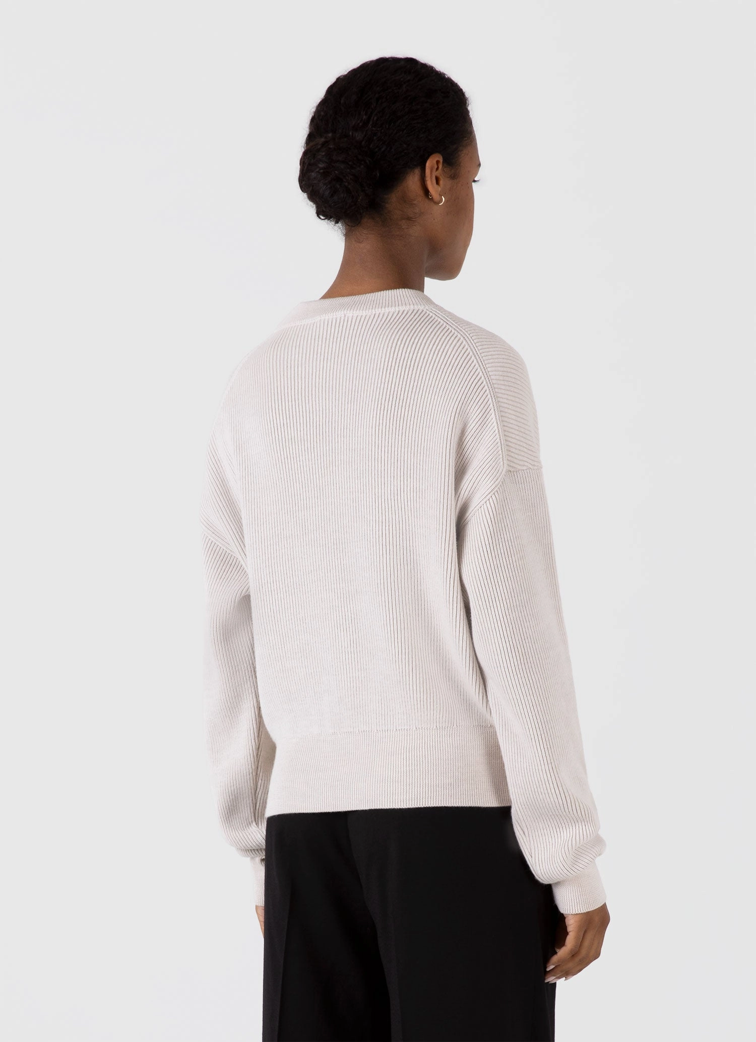 Circular Knit Design Women's Ribbed Crew Neck Jumper in Ecru