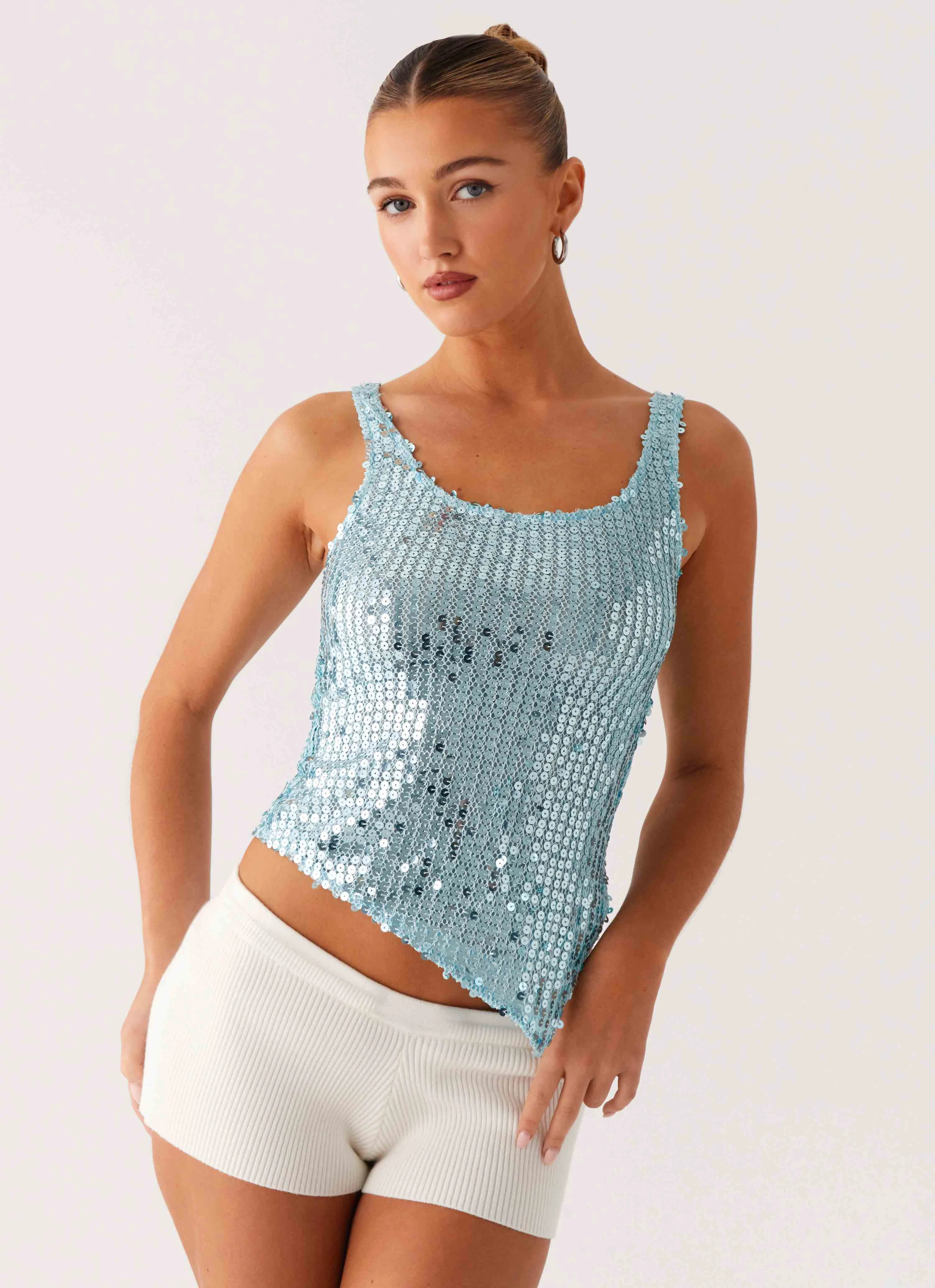 Electra Sequin Tank - Turquoise Slim Silhouette Flexible Knit Blend
