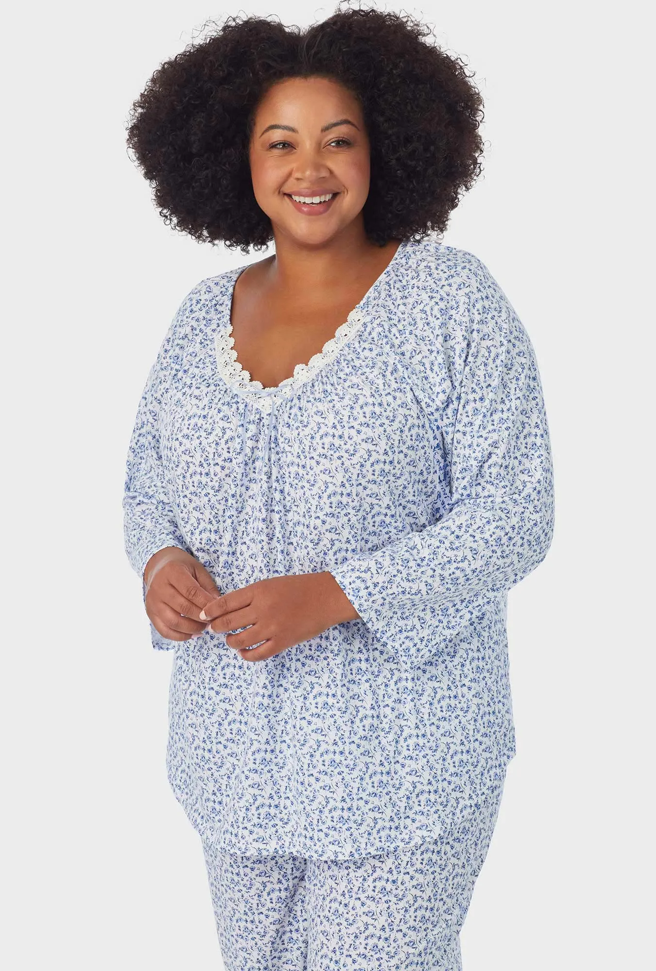 Dusty Blue Tossed Roses 3/4 Sleeve Long Pant PJ Set
