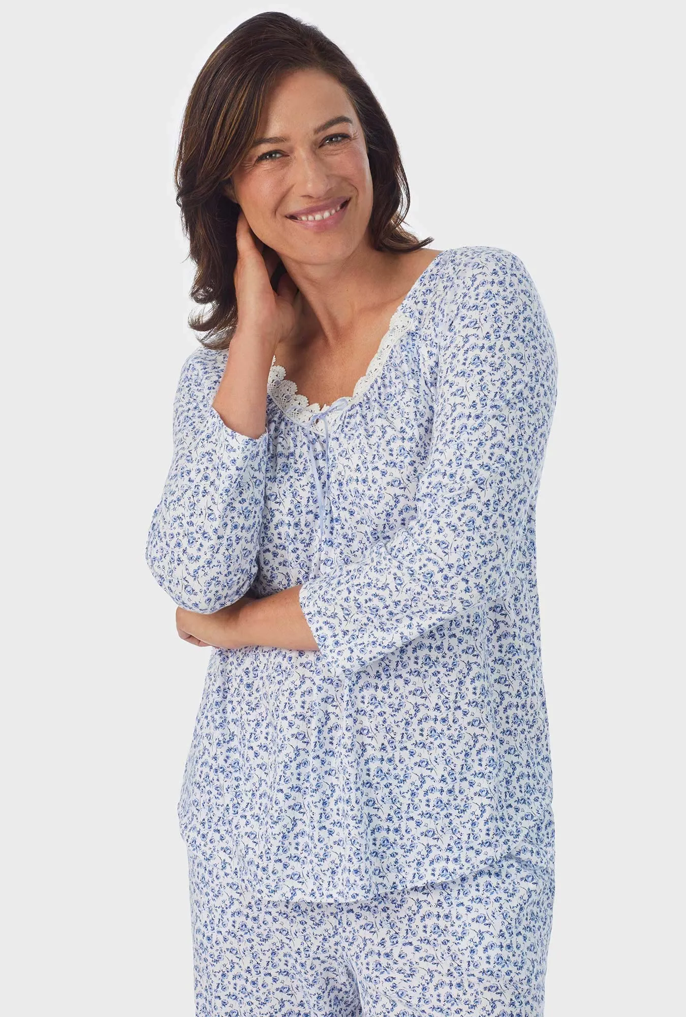 Dusty Blue Tossed Roses 3/4 Sleeve Long Pant PJ Set