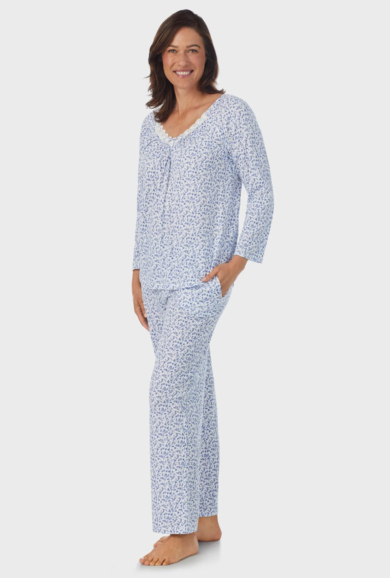 Dusty Blue Tossed Roses 3/4 Sleeve Long Pant PJ Set