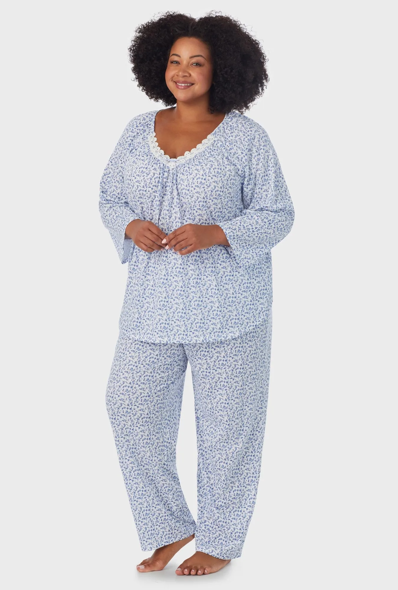 Dusty Blue Tossed Roses 3/4 Sleeve Long Pant PJ Set