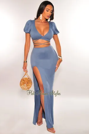 Dusty Blue Wrap Around Slit Ruffle Skirt Two Piece Set